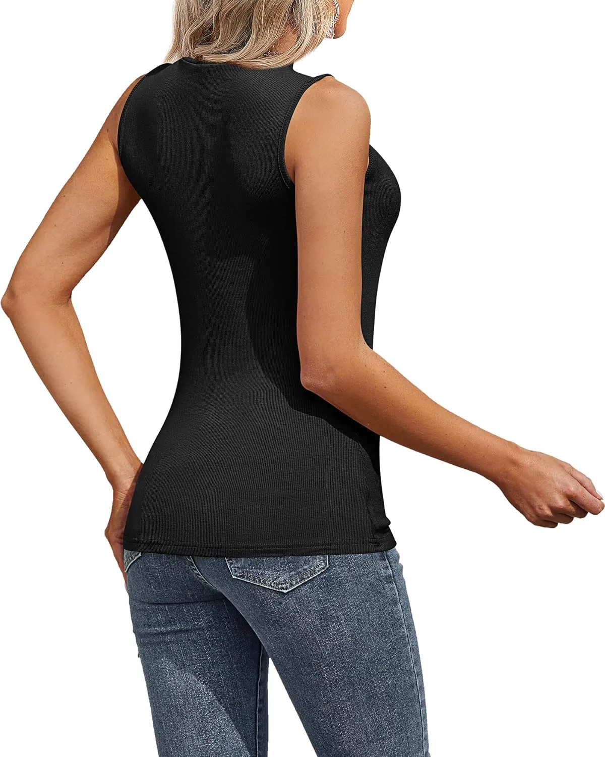 3 Pack Women's Sleeveless Mock Turtlenecks Shirts, Ribbed Stretch Slim Fitted Tank Top Basic Lightweight Bustier Tee