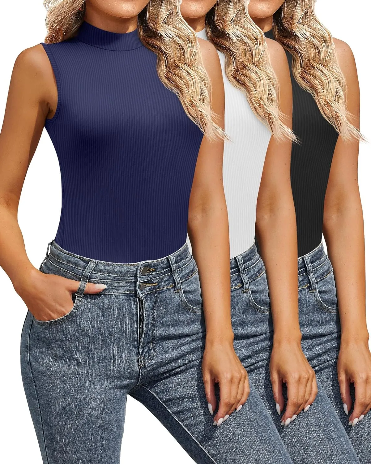 3 Pack Women's Sleeveless Mock Turtlenecks Shirts, Ribbed Stretch Slim Fitted Tank Top Basic Lightweight Bustier Tee