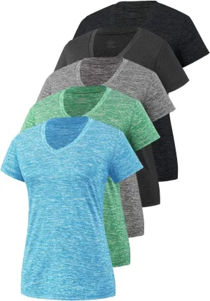 5-Pack Women's Short Sleeve Dry Fit T-Shirt Moisture Wicking Athletic V-Neck Tee
