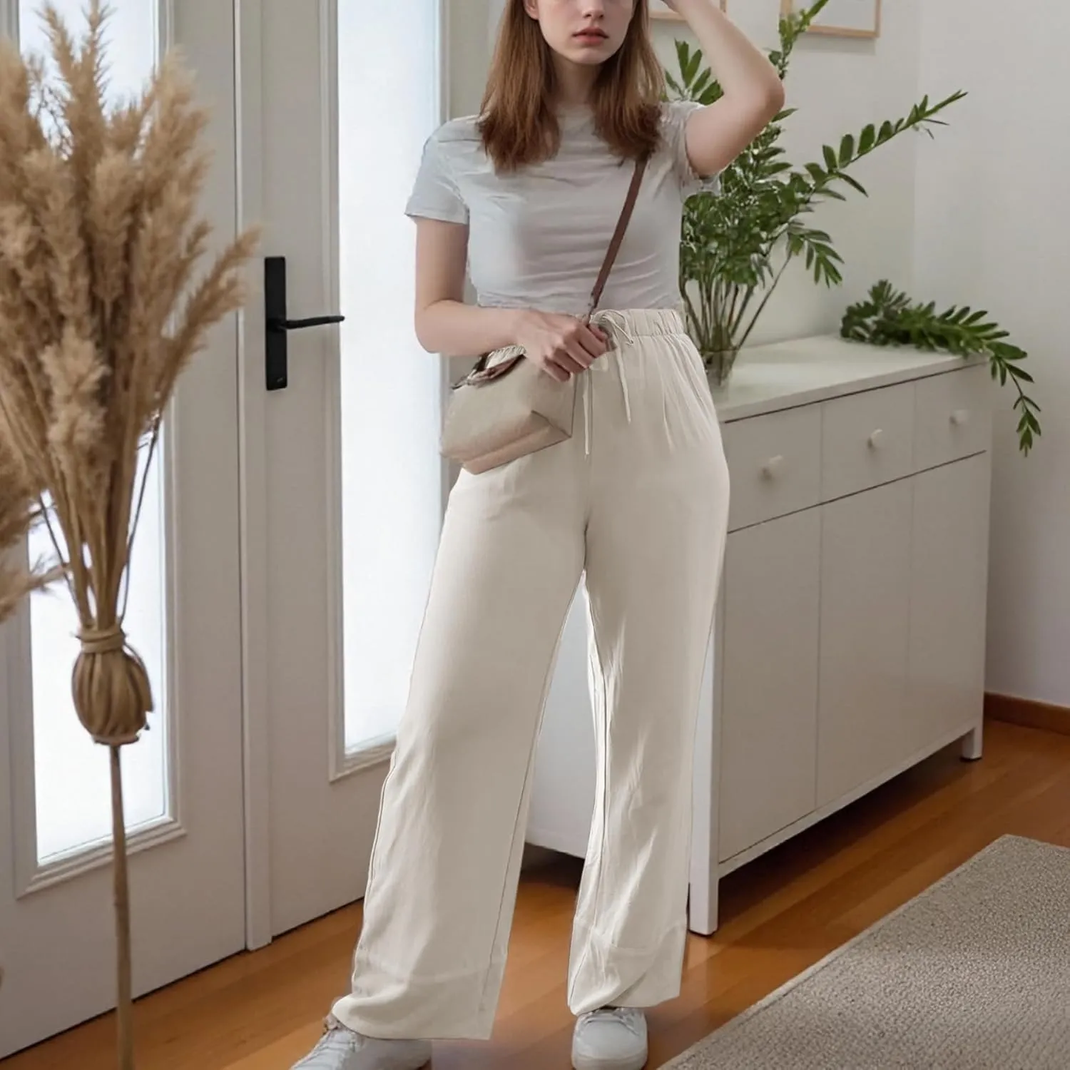 Ainangua Women Linen Palazzo Pants Casual Elasticated Drawstring Waist Wide Leg Trousers Trendy Beach Travel Outfits