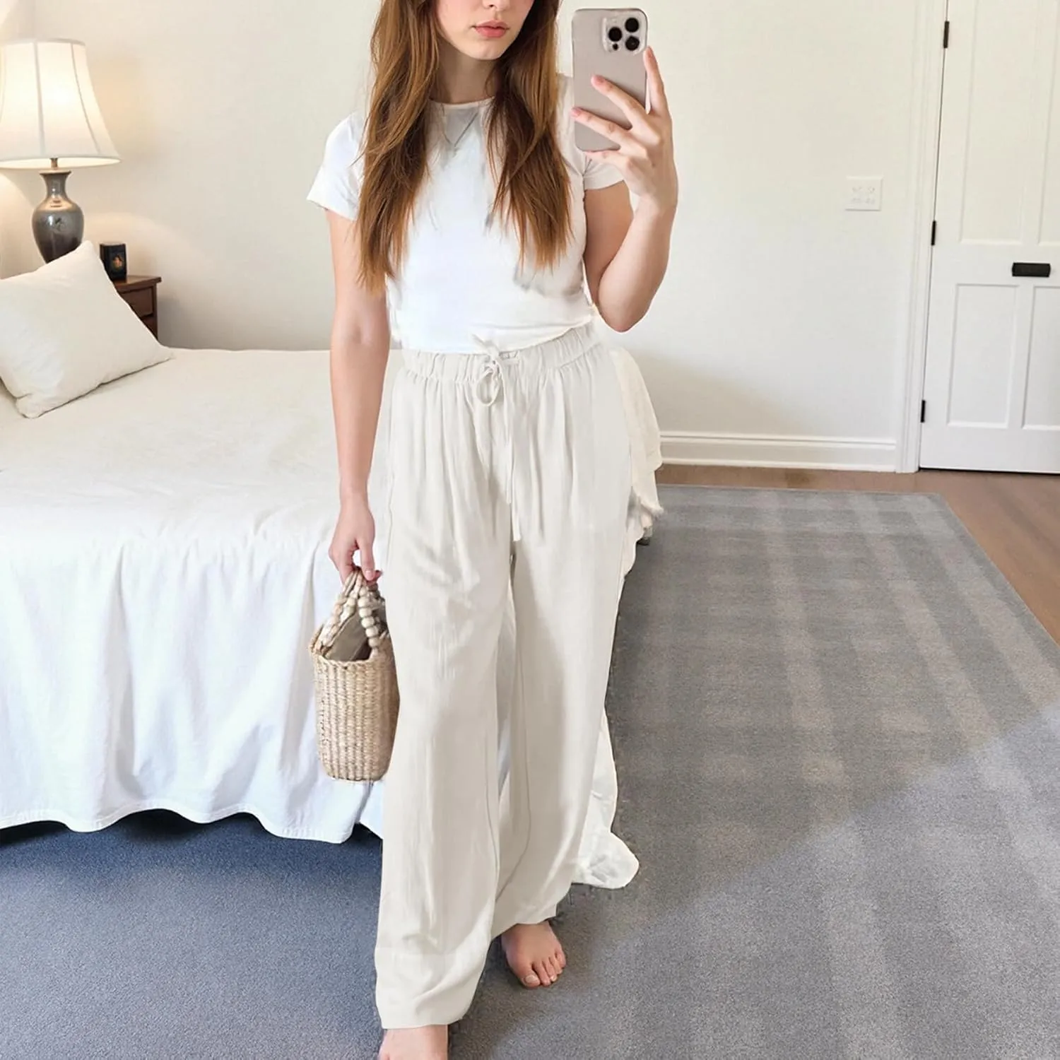 Ainangua Women Linen Palazzo Pants Casual Elasticated Drawstring Waist Wide Leg Trousers Trendy Beach Travel Outfits