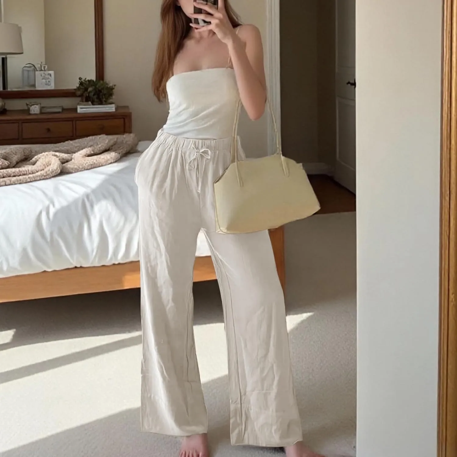 Ainangua Women Linen Palazzo Pants Casual Elasticated Drawstring Waist Wide Leg Trousers Trendy Beach Travel Outfits