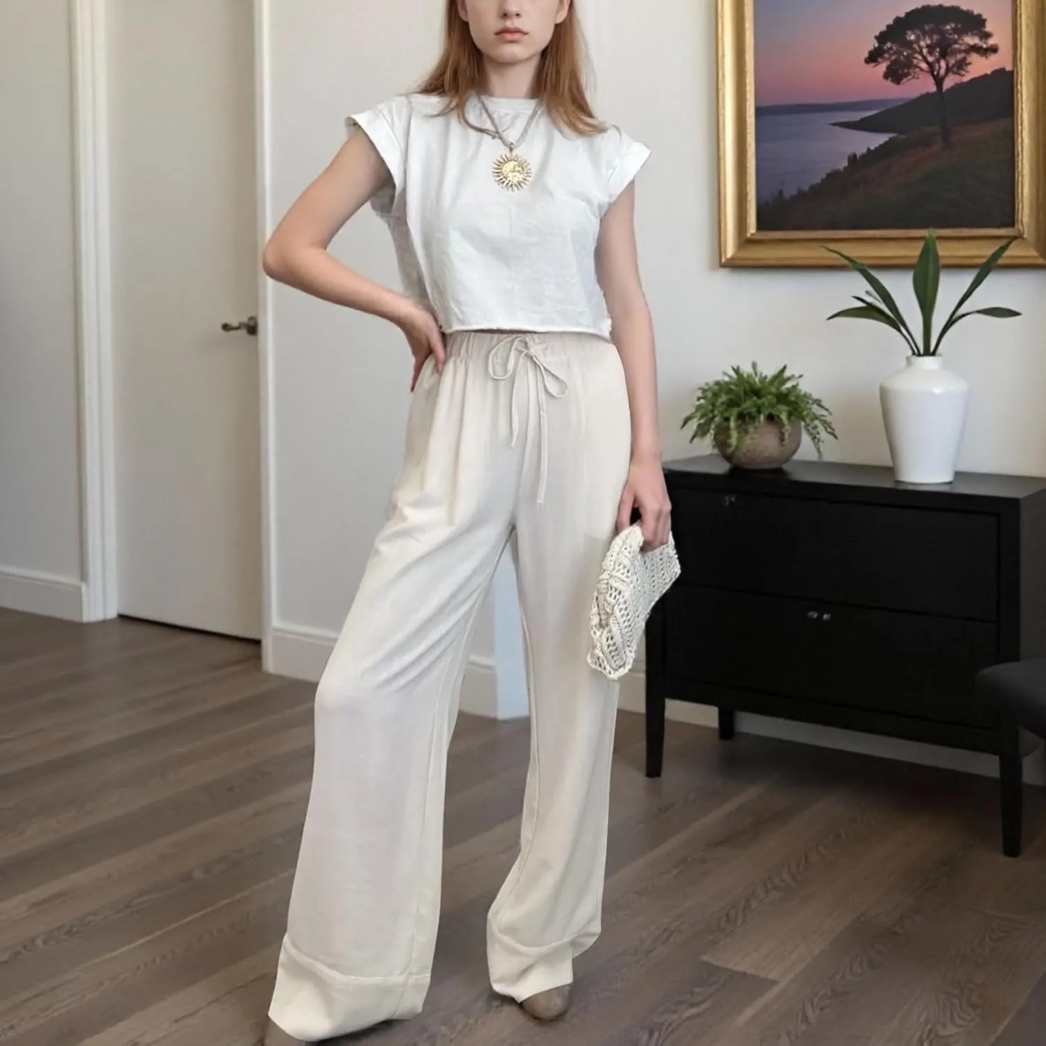 Ainangua Women Linen Palazzo Pants Casual Elasticated Drawstring Waist Wide Leg Trousers Trendy Beach Travel Outfits