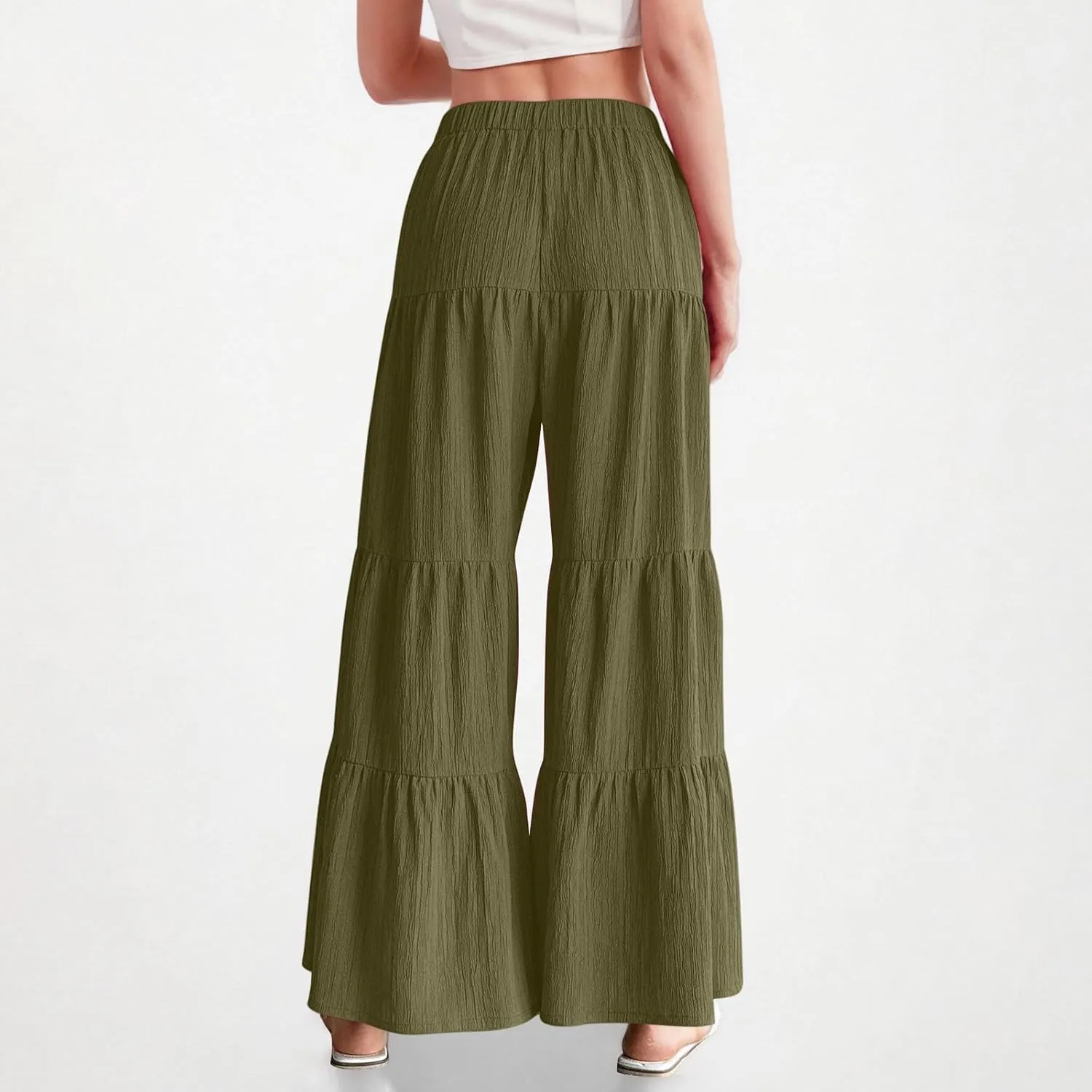 Akklian Flowy Pants for Women Boho Elastic High Waist Ruffle Tiered Wide Leg Beach Palazzo Pants Loose Casual Summer Trousers