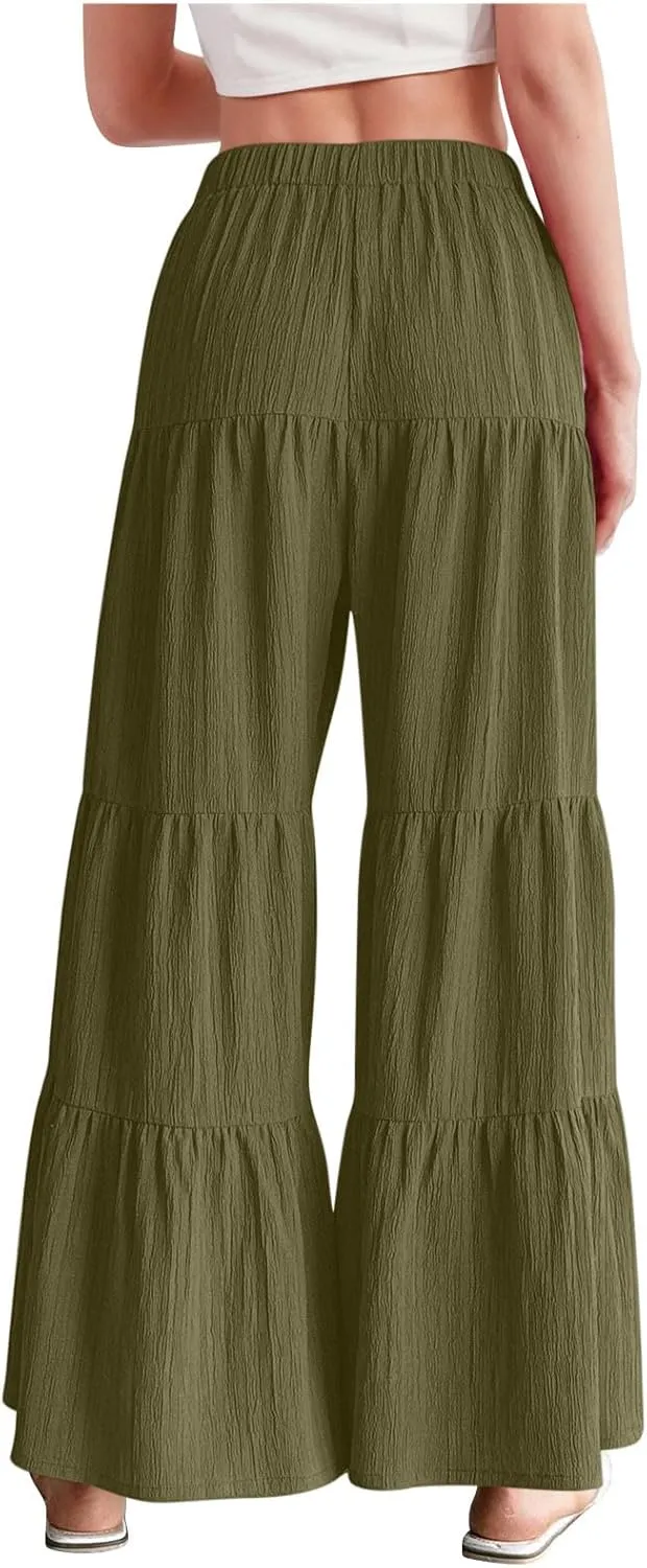 Akklian Flowy Pants for Women Boho Elastic High Waist Ruffle Tiered Wide Leg Beach Palazzo Pants Loose Casual Summer Trousers