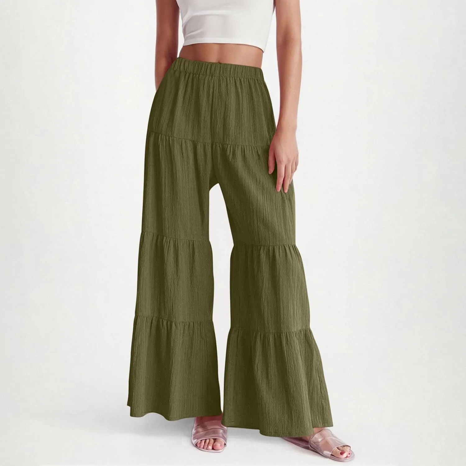 Akklian Flowy Pants for Women Boho Elastic High Waist Ruffle Tiered Wide Leg Beach Palazzo Pants Loose Casual Summer Trousers