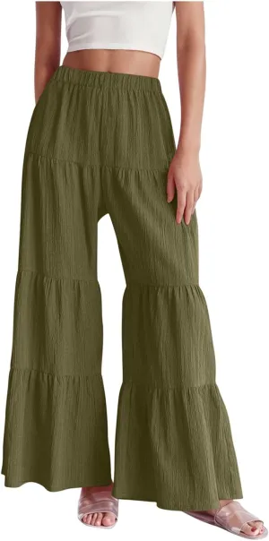 Akklian Flowy Pants for Women Boho Elastic High Waist Ruffle Tiered Wide Leg Beach Palazzo Pants Loose Casual Summer Trousers