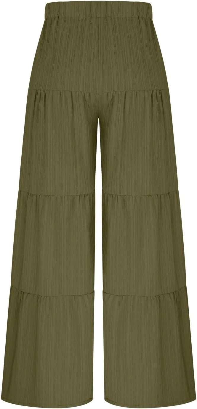Akklian Flowy Pants for Women Boho Elastic High Waist Ruffle Tiered Wide Leg Beach Palazzo Pants Loose Casual Summer Trousers