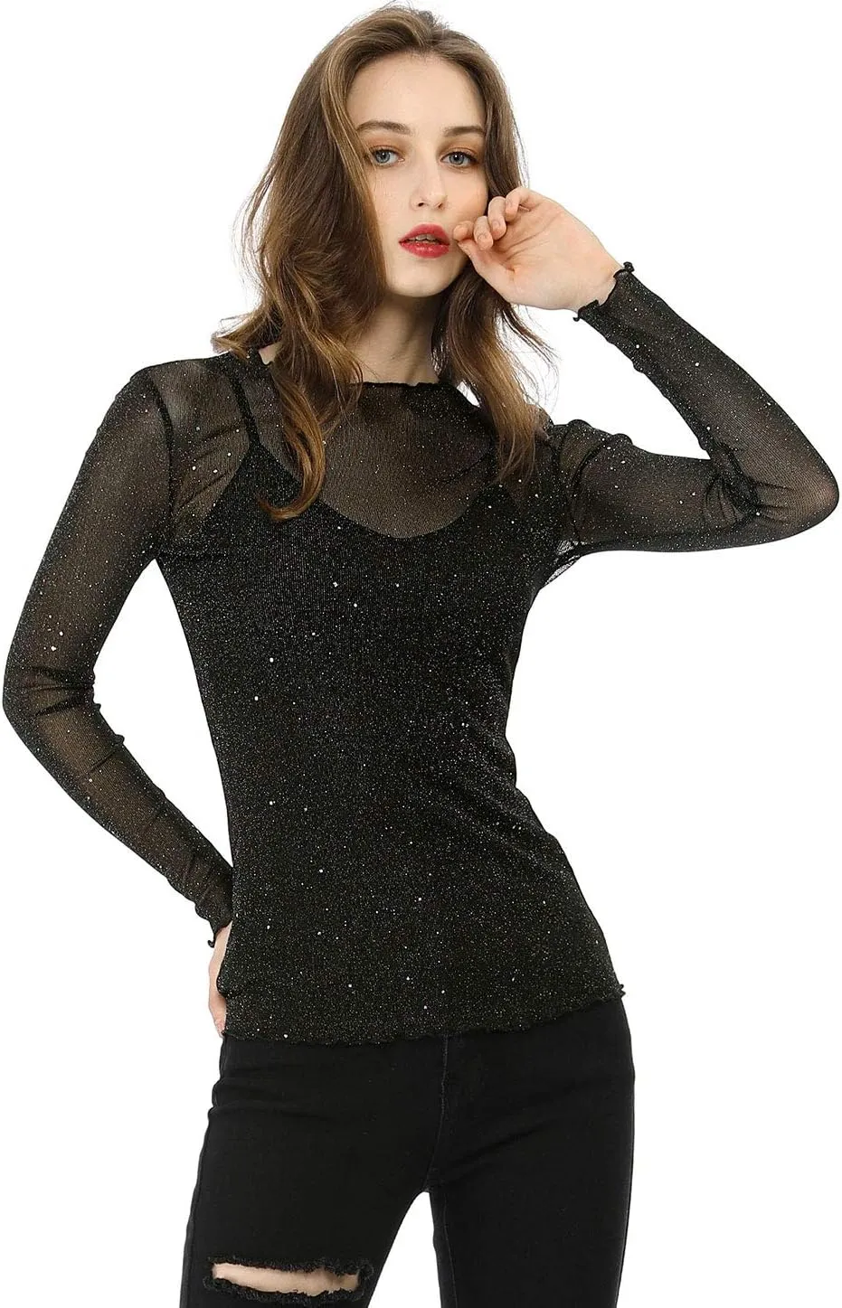 Allegra K Women's Long Sleeve Mesh Tops Spaghetti Strap Camisole Party Christmas Shirt