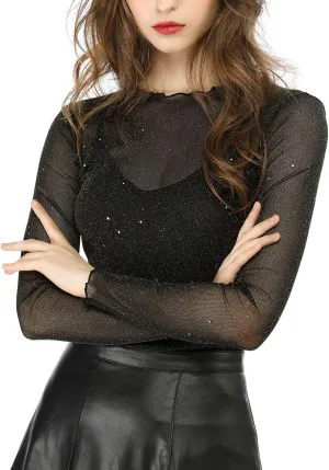 Allegra K Women's Long Sleeve Mesh Tops Spaghetti Strap Camisole Party Christmas Shirt