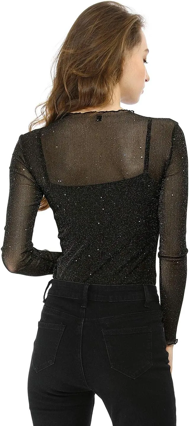 Allegra K Women's Long Sleeve Mesh Tops Spaghetti Strap Camisole Party Christmas Shirt