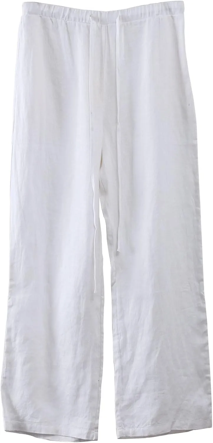 Amazhiyu Men's 100% Linen Summer Casual Elastic Drawstring Loose Pants Pockets