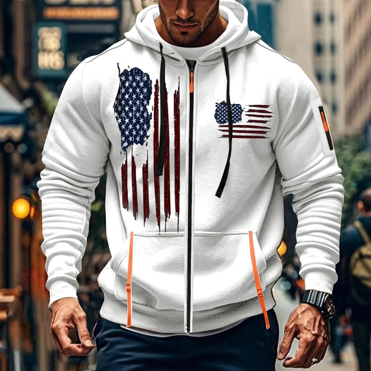 American Flag Hoodie Hoodies for Men Loose Print Zipper Long Sleeved Hoodie Loose Fit Heavyweight American Flag