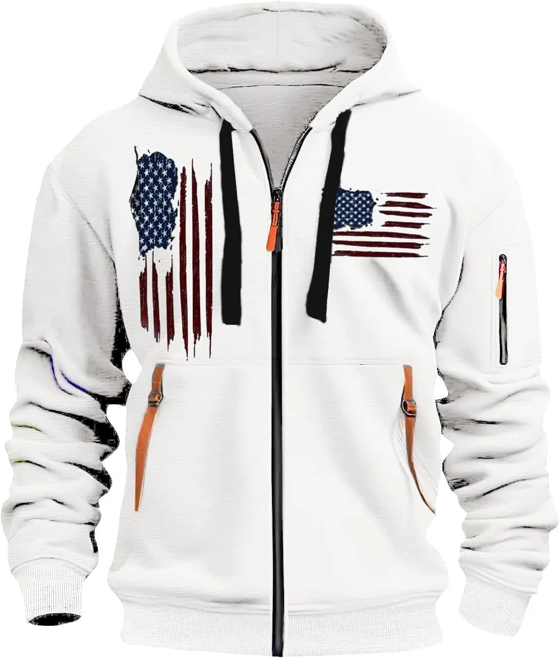 American Flag Hoodie Hoodies for Men Loose Print Zipper Long Sleeved Hoodie Loose Fit Heavyweight American Flag