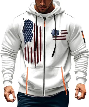American Flag Hoodie Hoodies for Men Loose Print Zipper Long Sleeved Hoodie Loose Fit Heavyweight American Flag