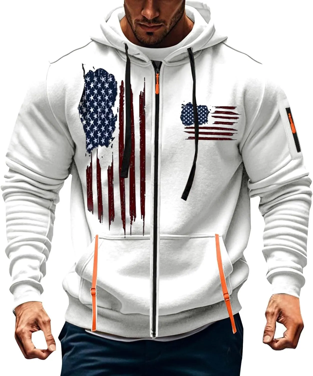 American Flag Hoodie Hoodies for Men Loose Print Zipper Long Sleeved Hoodie Loose Fit Heavyweight American Flag