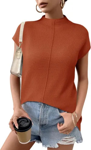 Anbech Women's Mock Neck Sleeveless Sweater Vest Cap Sleeve Knit Summer Tank Tops