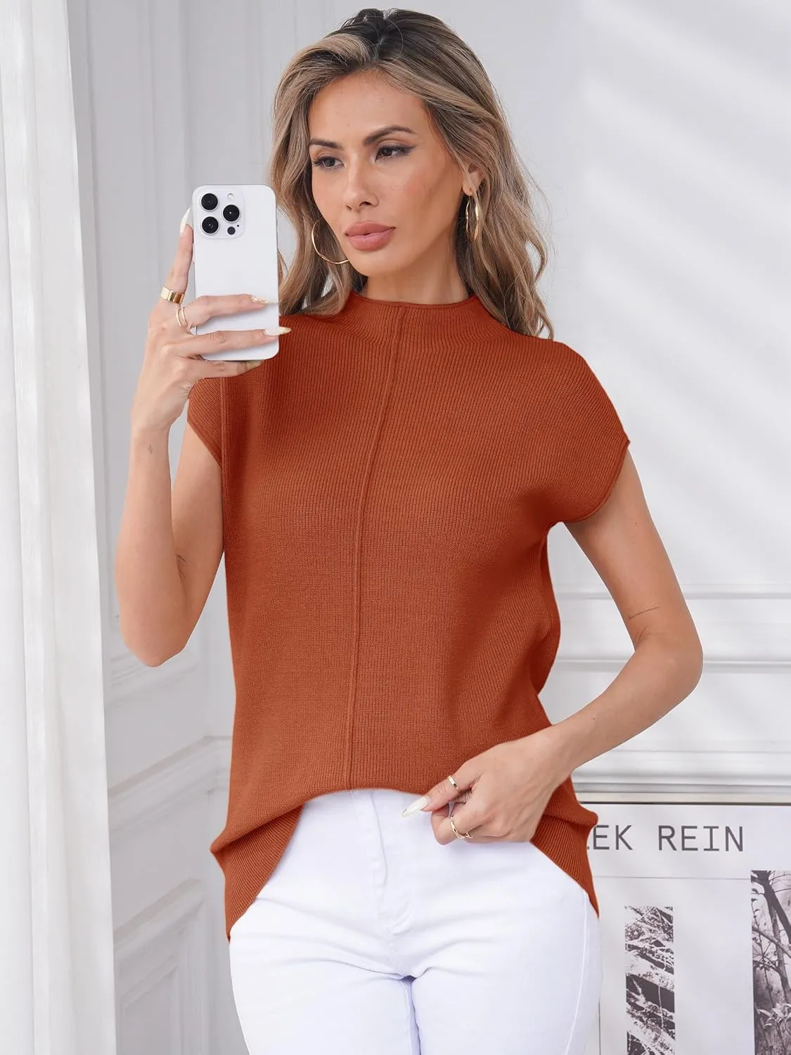 Anbech Women's Mock Neck Sleeveless Sweater Vest Cap Sleeve Knit Summer Tank Tops