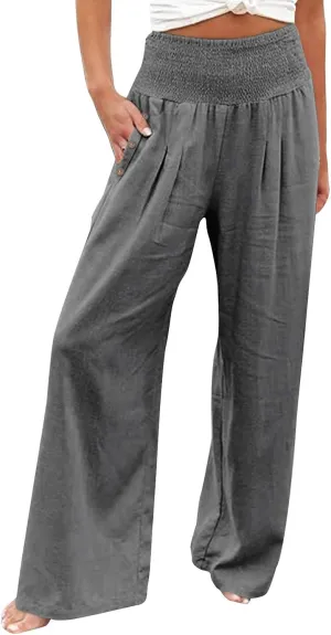 Aniywn Wide Leg Linen Pants for Women Summer Casual Loose Elastic Waist Palazzo Pants Smocked High Waist Flowy Beach Trousers