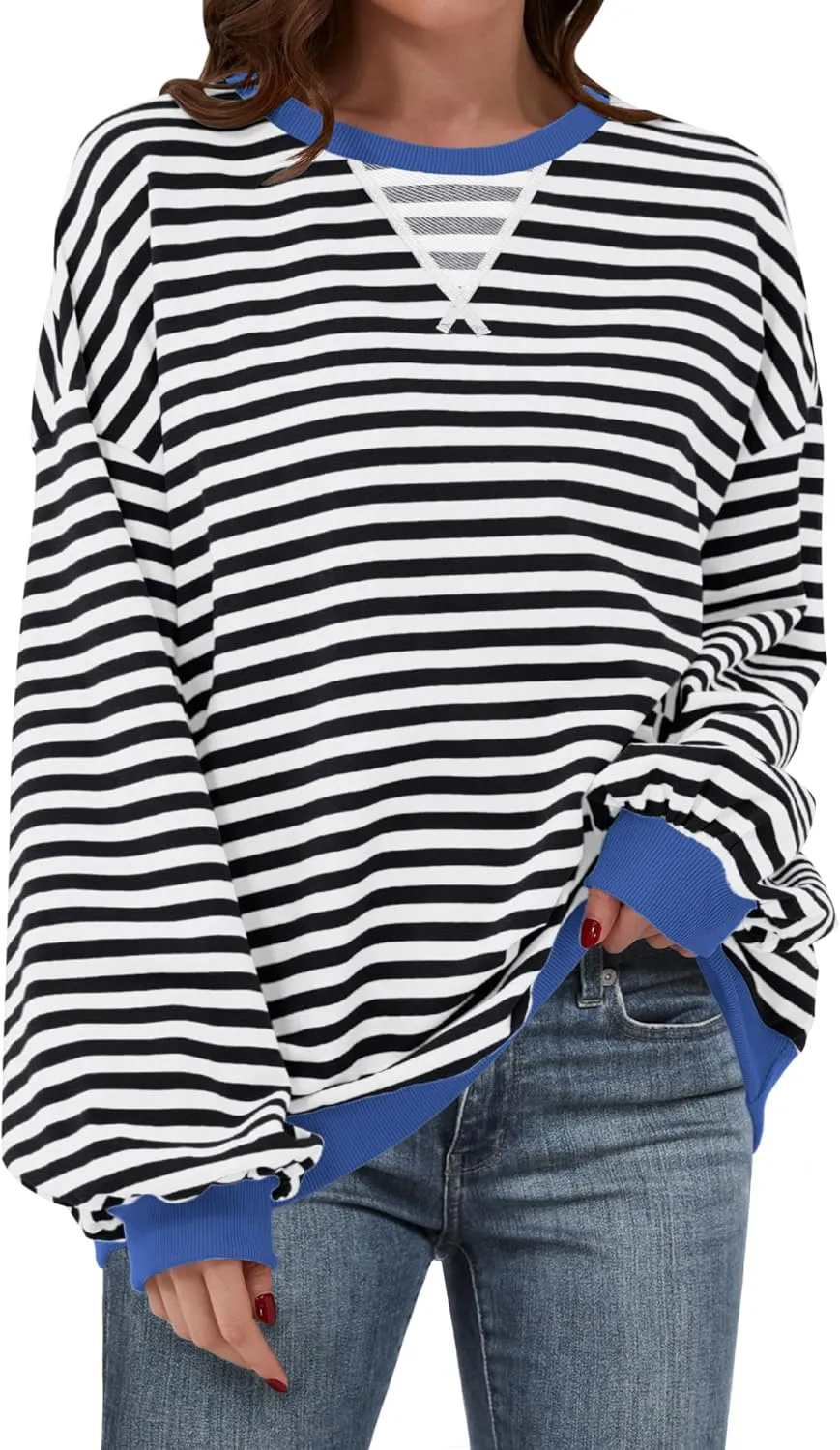 ANRABESS Women Striped Oversized Sweatshirt Crewneck Long Sleeve Shirts Hoodies 2025 Summer Fashion Pullover Top Y2K Outfits