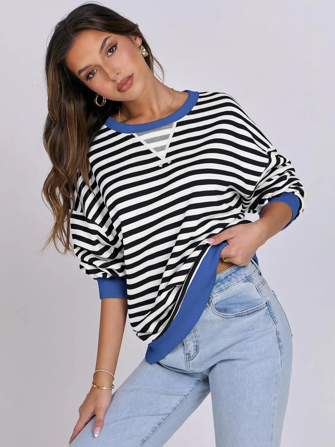 ANRABESS Women Striped Oversized Sweatshirt Crewneck Long Sleeve Shirts Hoodies 2025 Summer Fashion Pullover Top Y2K Outfits