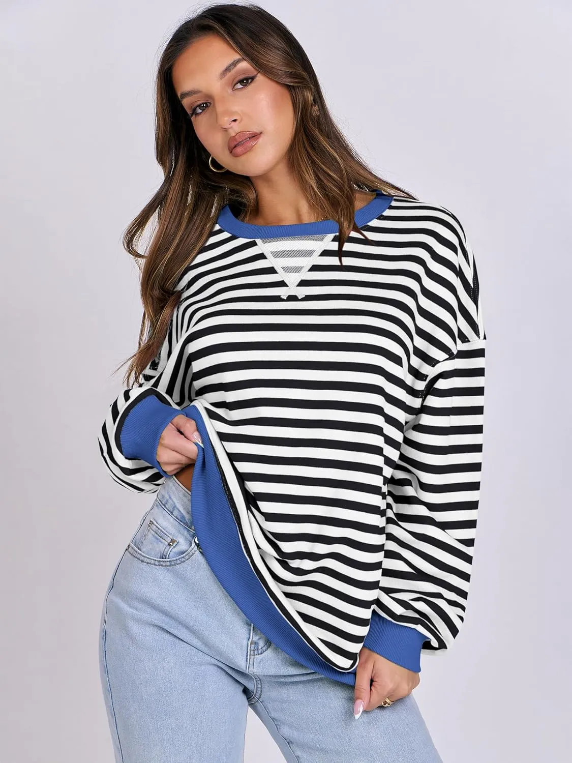 ANRABESS Women Striped Oversized Sweatshirt Crewneck Long Sleeve Shirts Hoodies 2025 Summer Fashion Pullover Top Y2K Outfits