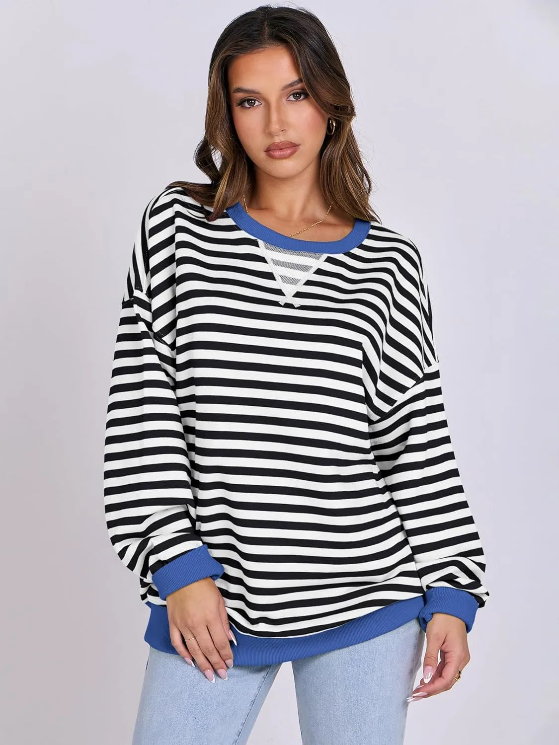 ANRABESS Women Striped Oversized Sweatshirt Crewneck Long Sleeve Shirts Hoodies 2025 Summer Fashion Pullover Top Y2K Outfits