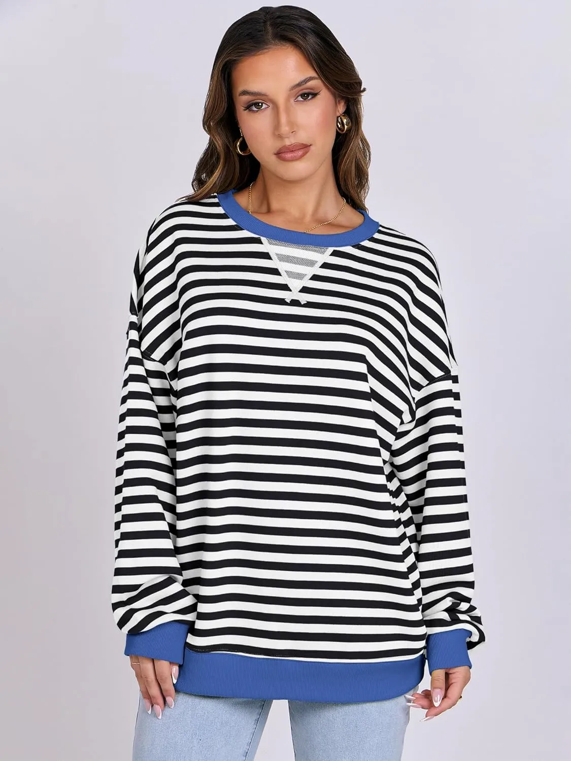 ANRABESS Women Striped Oversized Sweatshirt Crewneck Long Sleeve Shirts Hoodies 2025 Summer Fashion Pullover Top Y2K Outfits