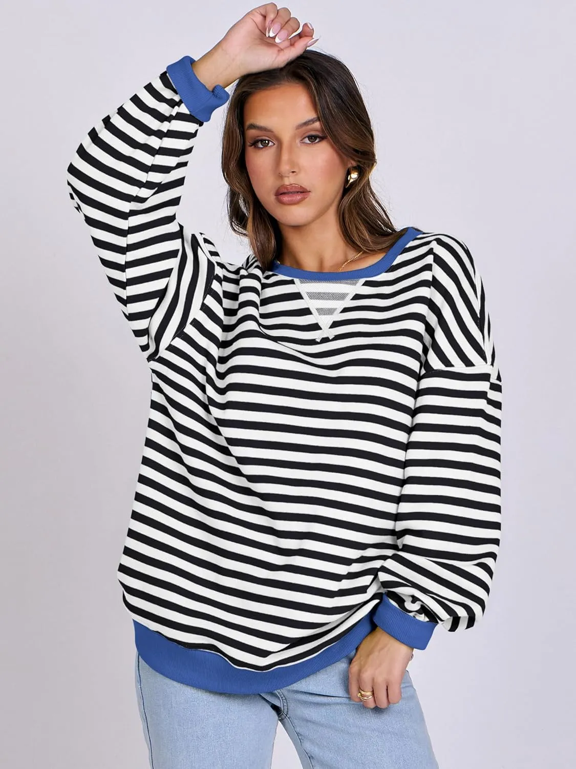 ANRABESS Women Striped Oversized Sweatshirt Crewneck Long Sleeve Shirts Hoodies 2025 Summer Fashion Pullover Top Y2K Outfits