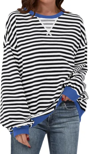 ANRABESS Women Striped Oversized Sweatshirt Crewneck Long Sleeve Shirts Hoodies 2025 Summer Fashion Pullover Top Y2K Outfits