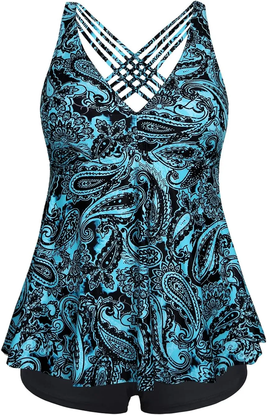 Aqua Eve Plus Size Swimsuits with Shorts Two Piece Tankini for Women Flowy Bathing Suits Athletic Swimwear