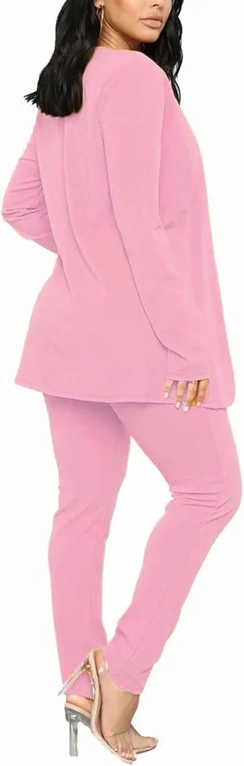 Aro Lora Women's 2 Piece Outfit Casual Solid Open Front Blazer and Pencil Pant Suits Set