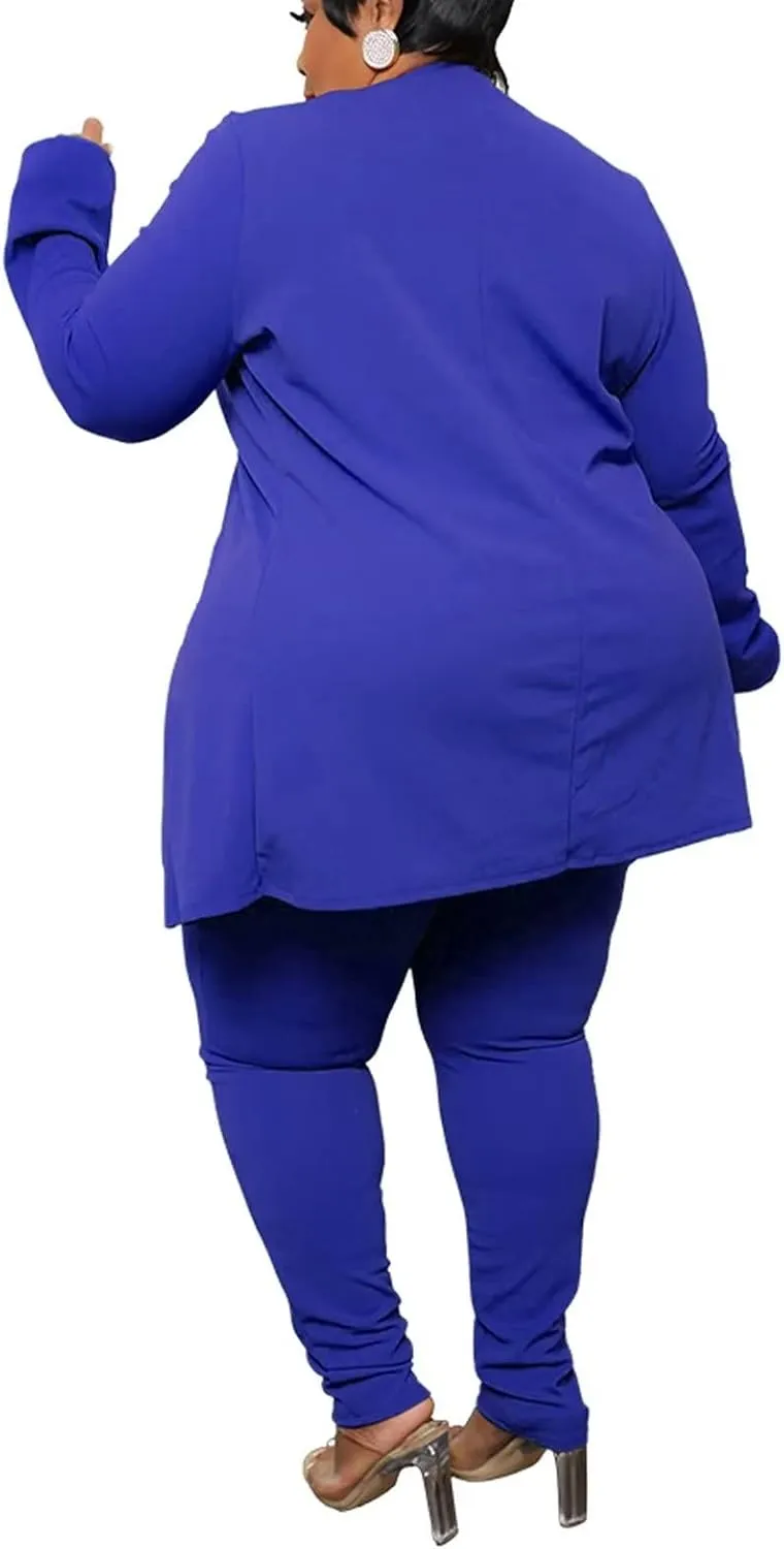 Aro Lora Womens Plus Size 2 Piece Outfits Open Front Blazer and Long Pant Suits Set