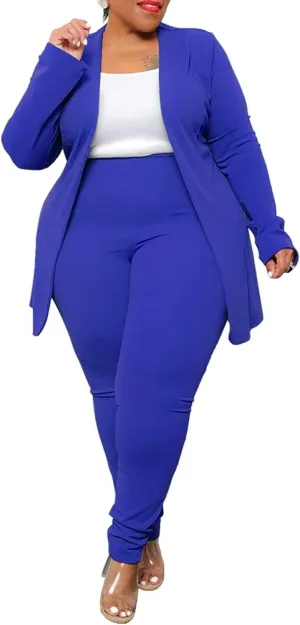 Aro Lora Womens Plus Size 2 Piece Outfits Open Front Blazer and Long Pant Suits Set