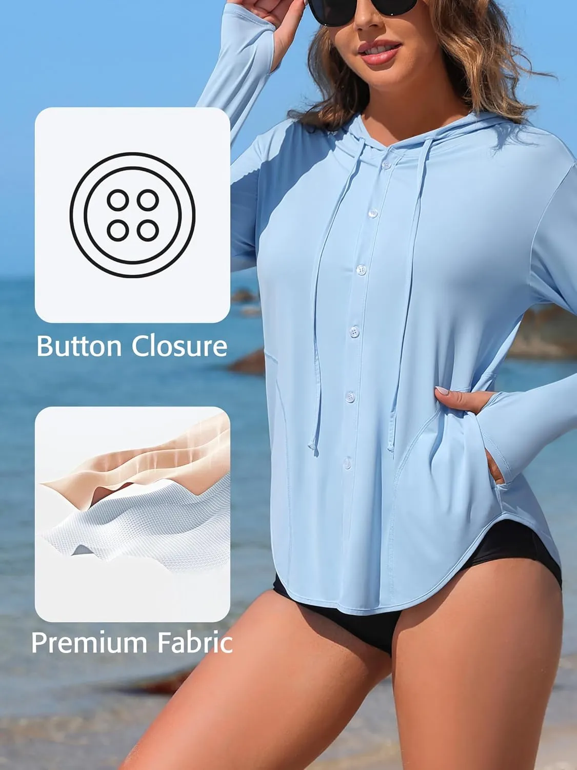 ATTRACO Rash Guard for Women UPF 50  Sun Protection Clothing Button Down SPF Hoodie Beach Shirts