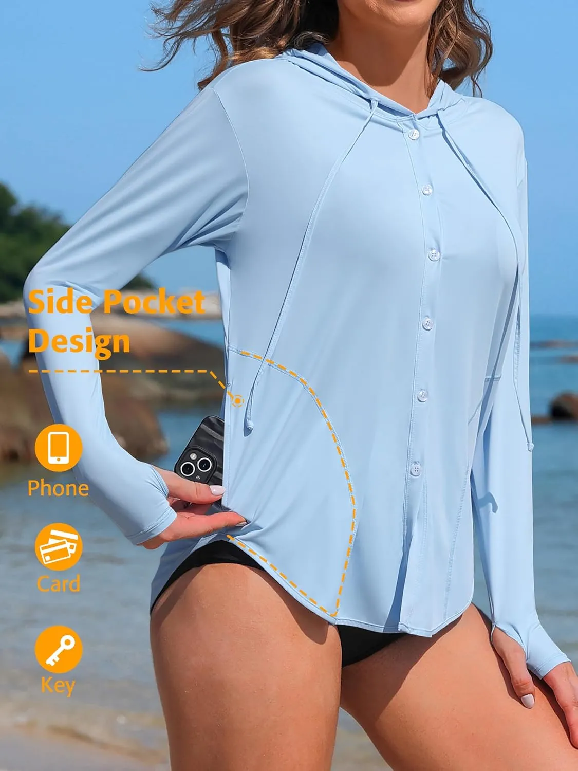 ATTRACO Rash Guard for Women UPF 50  Sun Protection Clothing Button Down SPF Hoodie Beach Shirts
