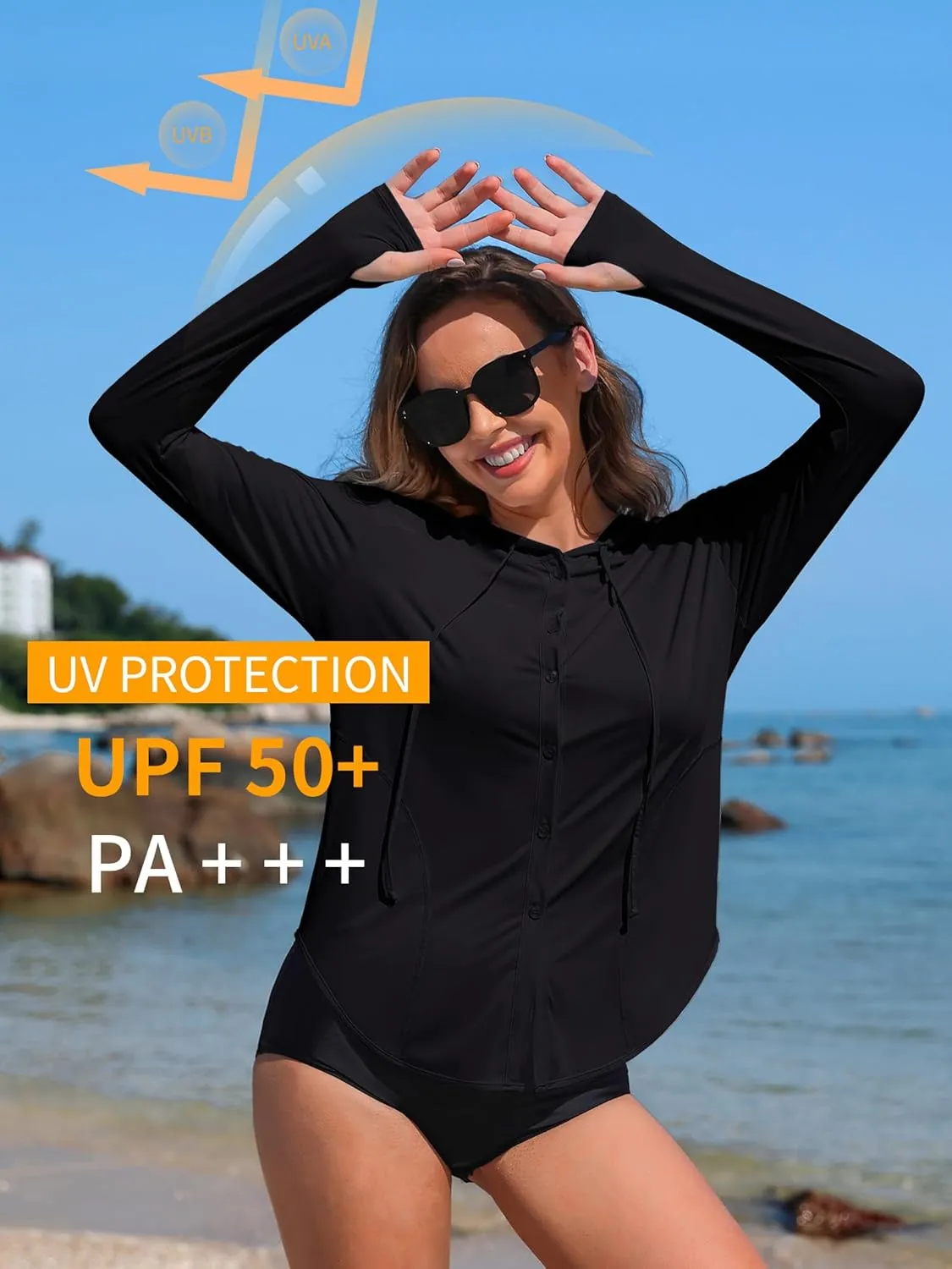 ATTRACO Rash Guard for Women UPF 50  Sun Protection Clothing Button Down SPF Hoodie Beach Shirts