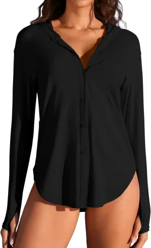 ATTRACO Rash Guard for Women UPF 50  Sun Protection Clothing Button Down SPF Hoodie Beach Shirts