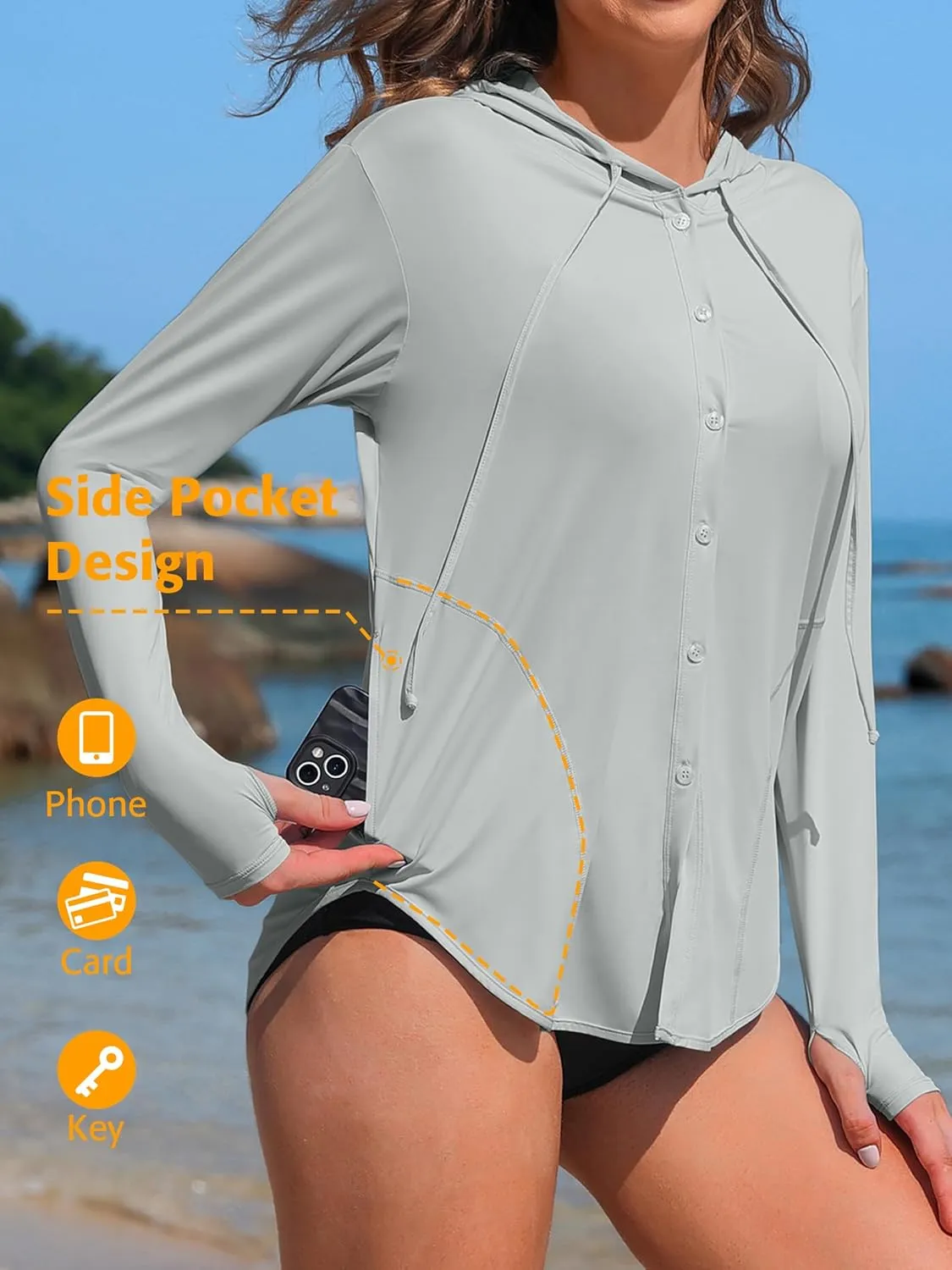 ATTRACO Rash Guard for Women UPF 50  Sun Protection Clothing Button Down SPF Hoodie Beach Shirts