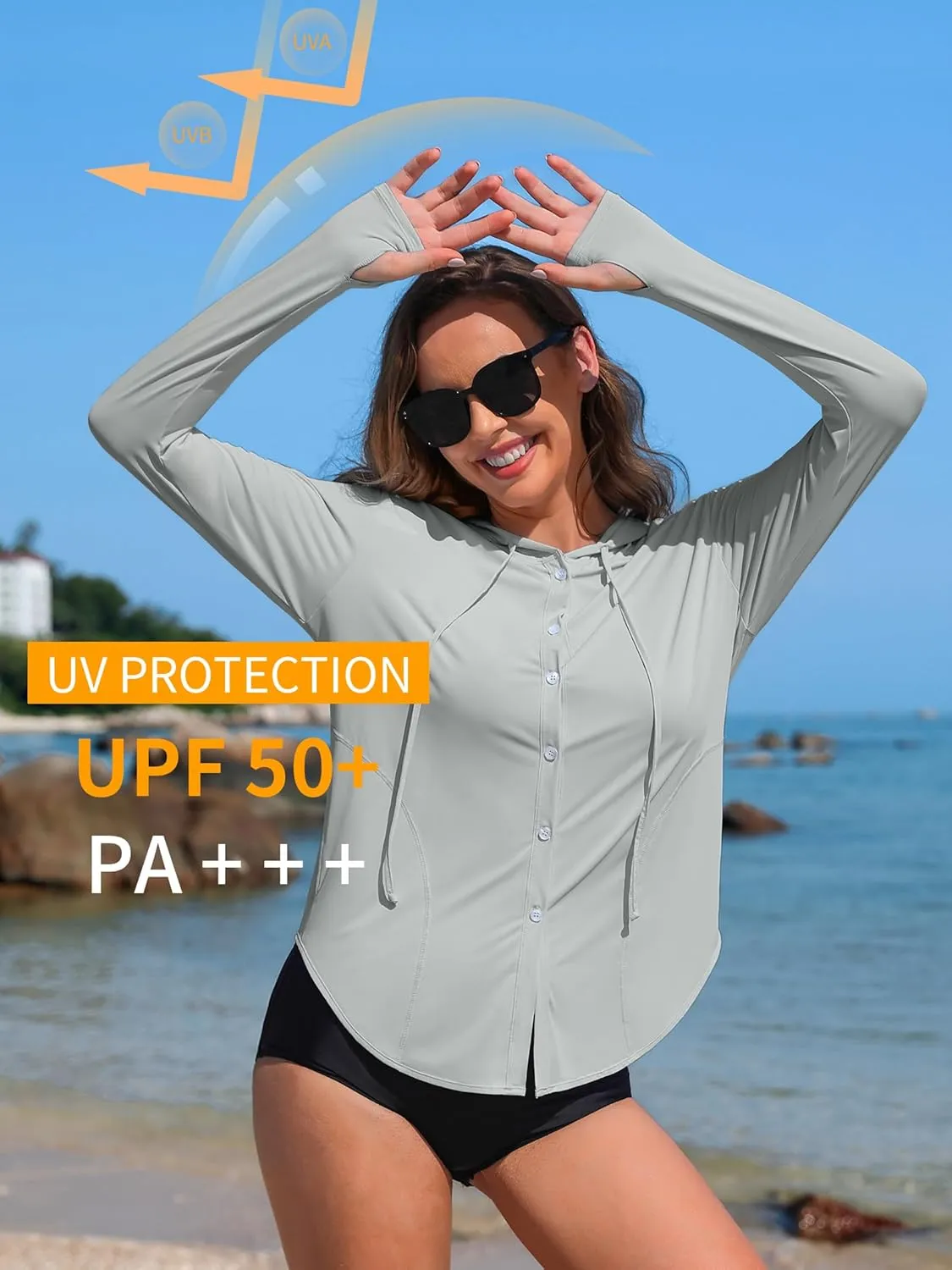 ATTRACO Rash Guard for Women UPF 50  Sun Protection Clothing Button Down SPF Hoodie Beach Shirts