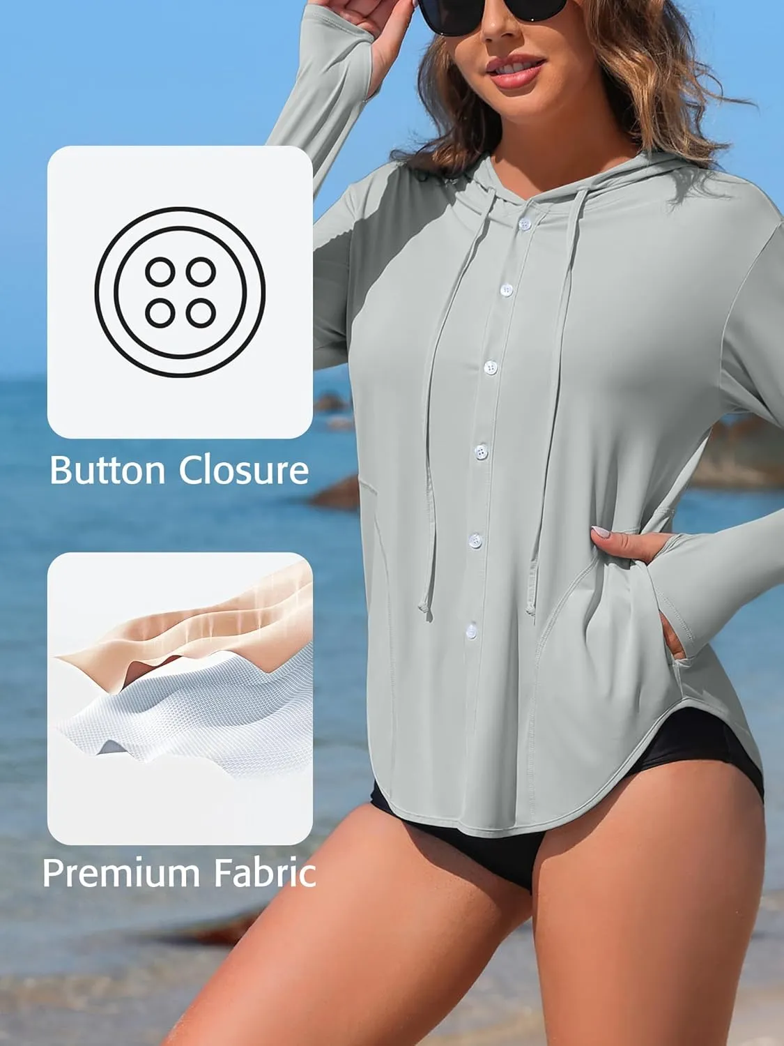ATTRACO Rash Guard for Women UPF 50  Sun Protection Clothing Button Down SPF Hoodie Beach Shirts