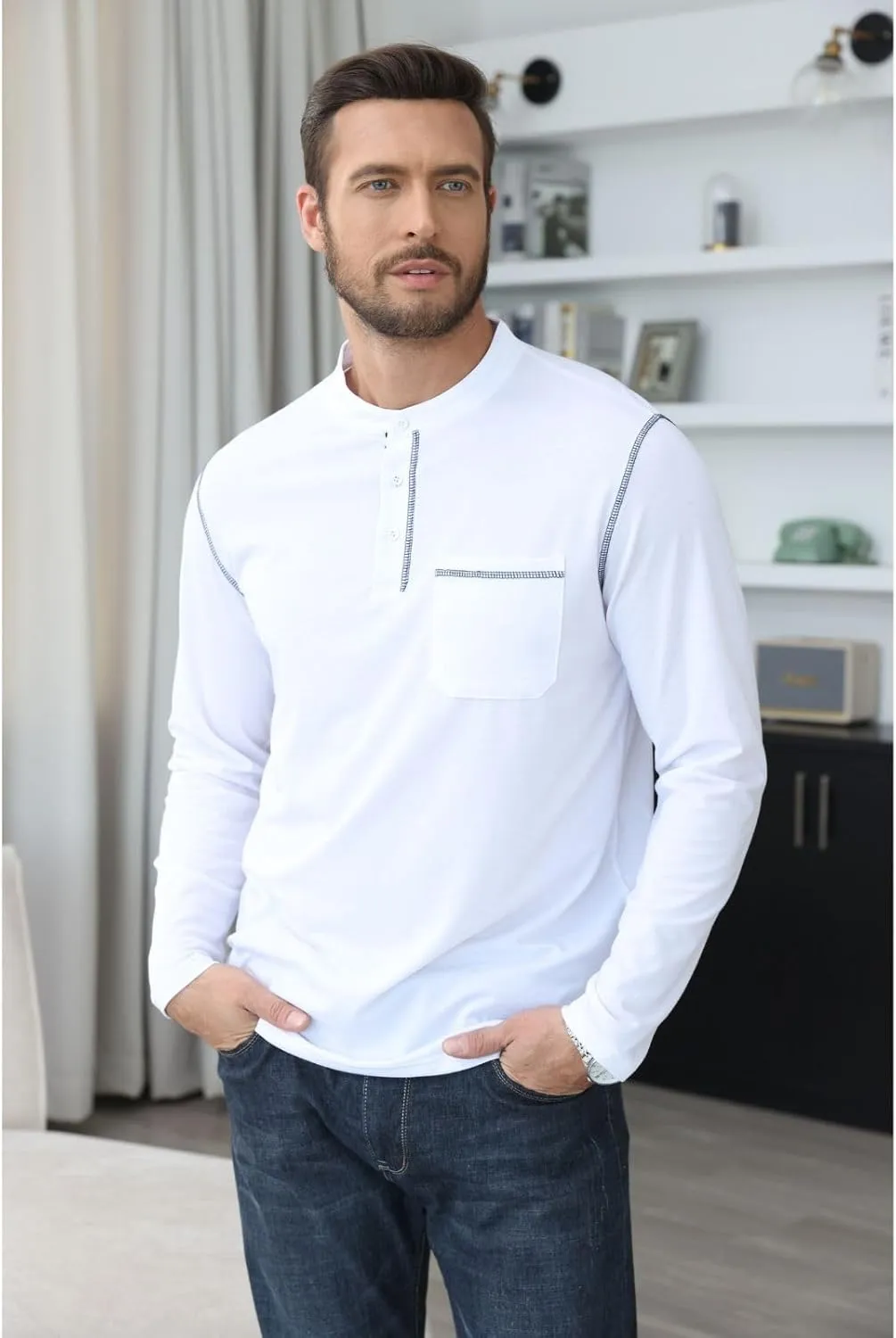 Aulemen Men's Henley Shirts Long Sleeve Casual Lightweight Slim Fit Basic Button Henley T-Shirt with Pocket