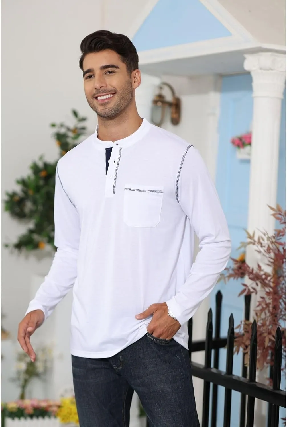Aulemen Men's Henley Shirts Long Sleeve Casual Lightweight Slim Fit Basic Button Henley T-Shirt with Pocket
