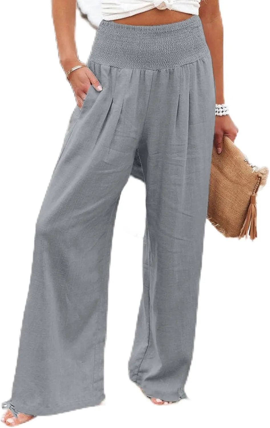 Beach Pants for Women Straight Leg Beach Pants Drawstring Elastic Waist Dressy Joggers Linen Wide Leg Long Trousers