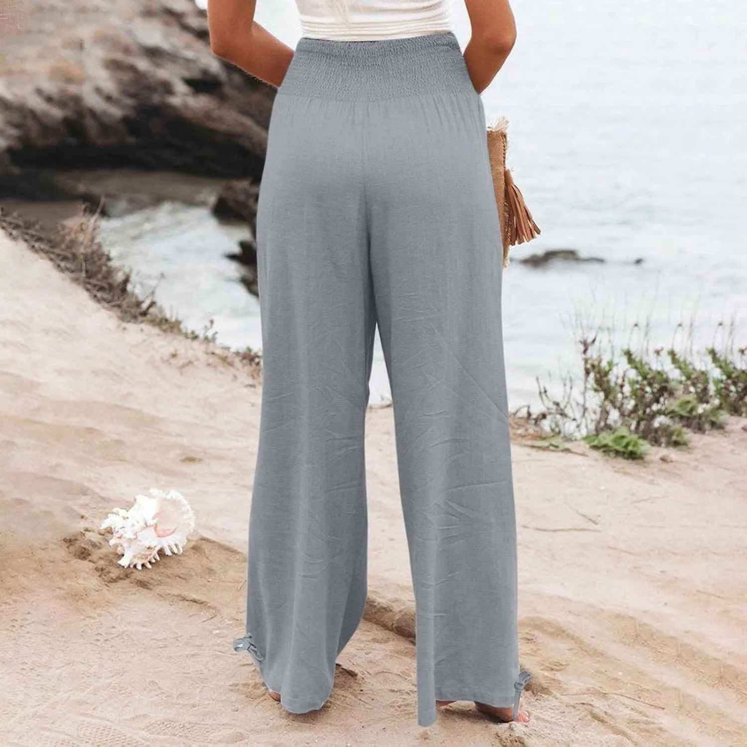 Beach Pants for Women Straight Leg Beach Pants Drawstring Elastic Waist Dressy Joggers Linen Wide Leg Long Trousers