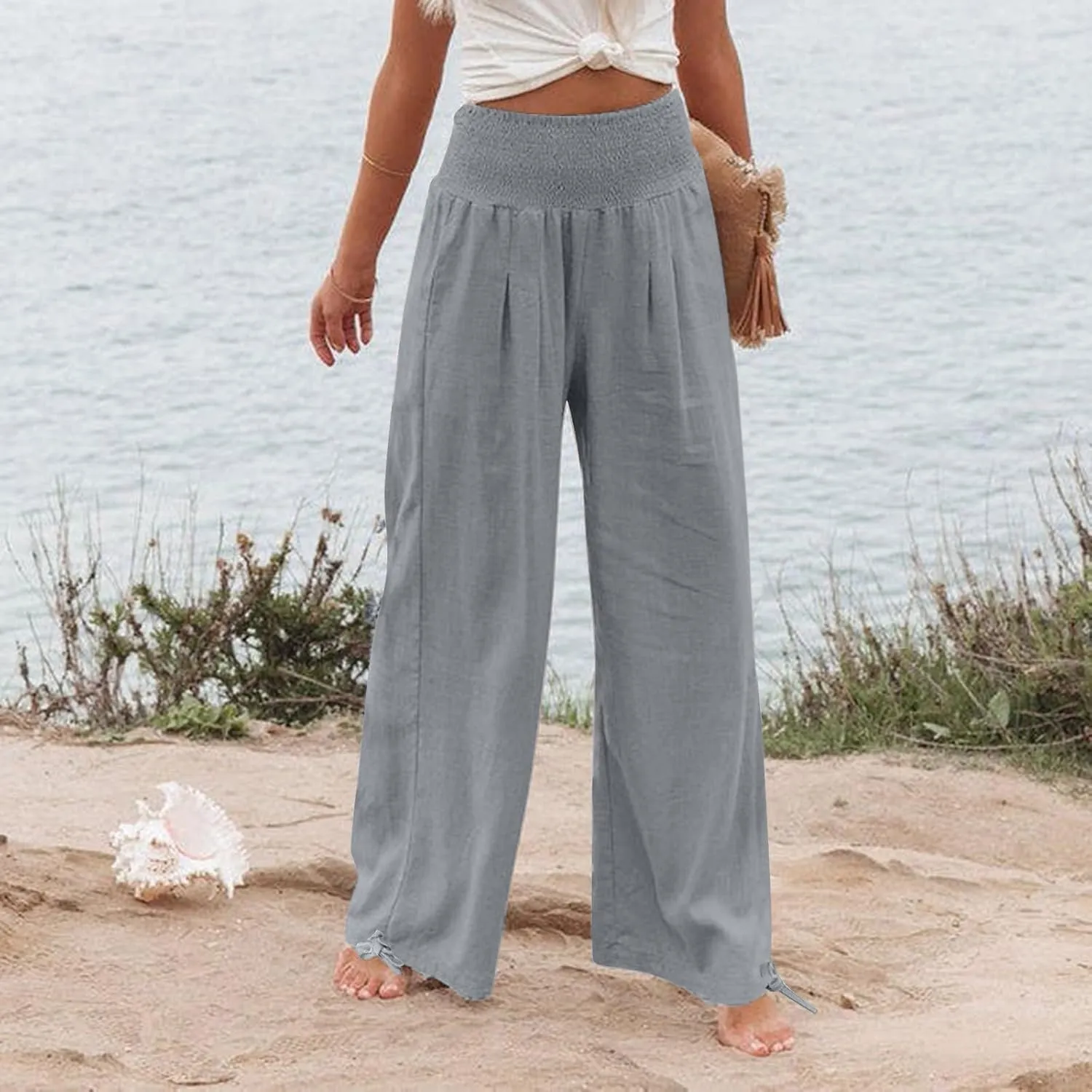 Beach Pants for Women Straight Leg Beach Pants Drawstring Elastic Waist Dressy Joggers Linen Wide Leg Long Trousers