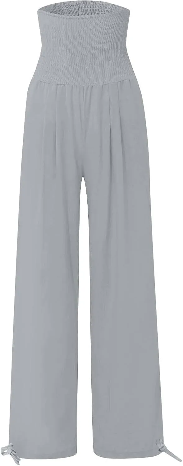 Beach Pants for Women Straight Leg Beach Pants Drawstring Elastic Waist Dressy Joggers Linen Wide Leg Long Trousers
