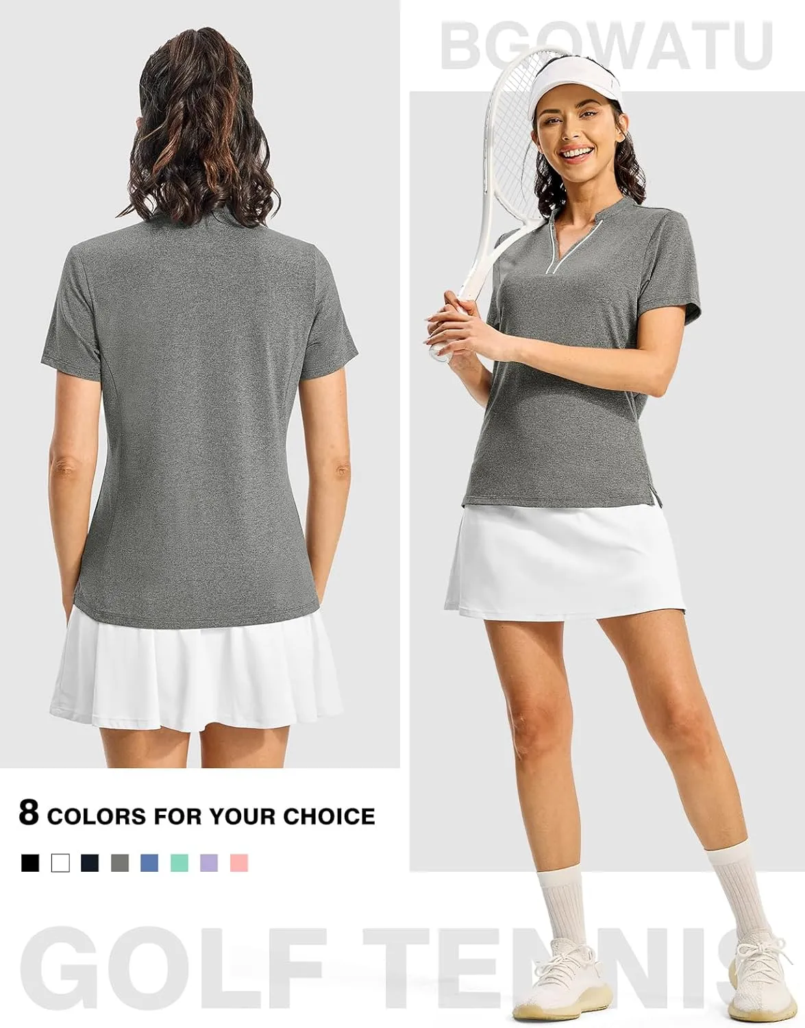 BGOWATU Women's Golf Polo Shirts Short Sleeve Collarless Y-Neck Tennis Tops Quick Dry UPF 50  Workout Shirt Lightweight
