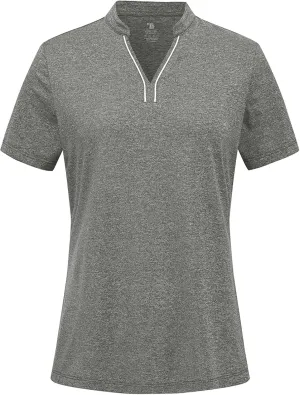 BGOWATU Women's Golf Polo Shirts Short Sleeve Collarless Y-Neck Tennis Tops Quick Dry UPF 50  Workout Shirt Lightweight