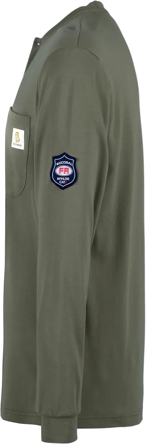 BOCOMAL FR Shirts Henley 7oz Midweight Fire Resistant Clothing NFPA2112 CAT2 Men's Flame Retardant Work Shirt